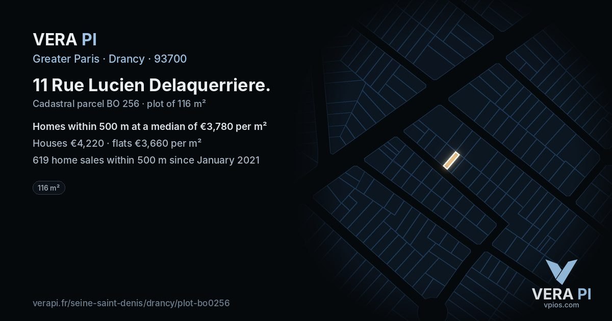 11 Rue Lucien Delaquerriere, Drancy at night – the plot lit, the parcels around coloured by the prices near them