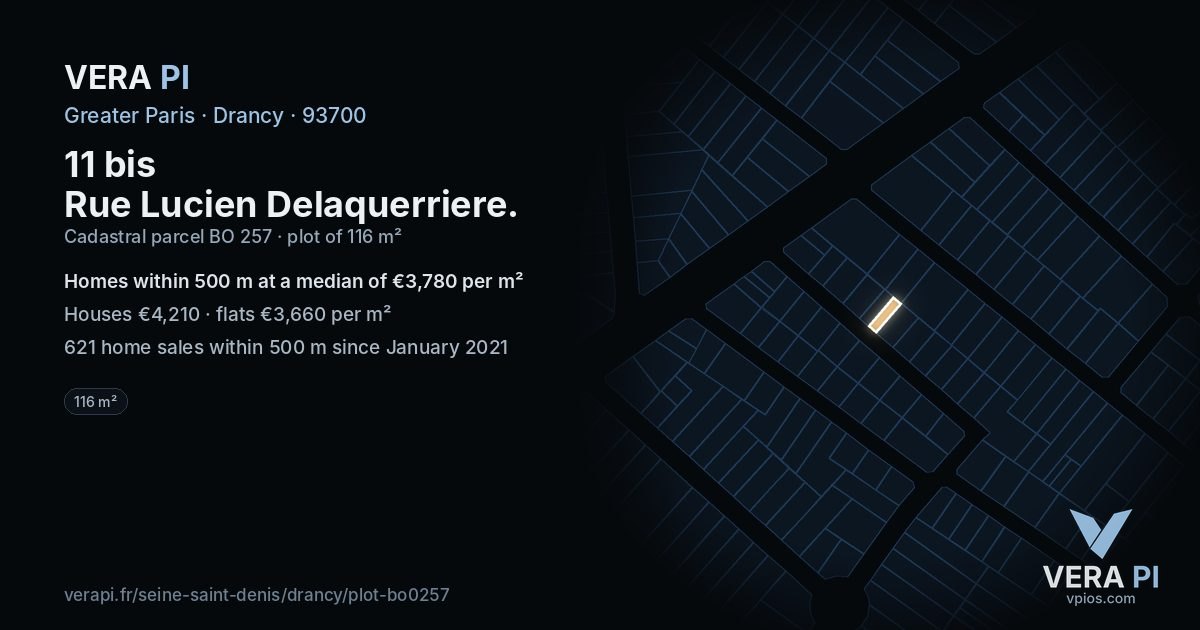 11 bis Rue Lucien Delaquerriere, Drancy at night – the plot lit, the parcels around coloured by the prices near them