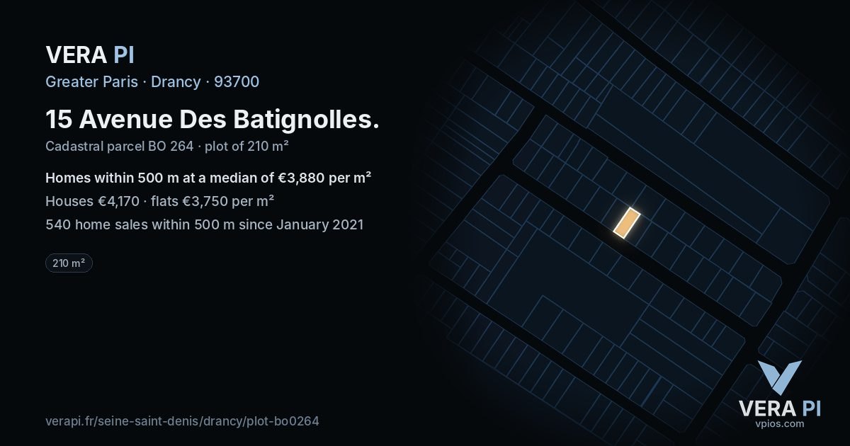 15 Avenue Des Batignolles, Drancy at night – the plot lit, the parcels around coloured by the prices near them