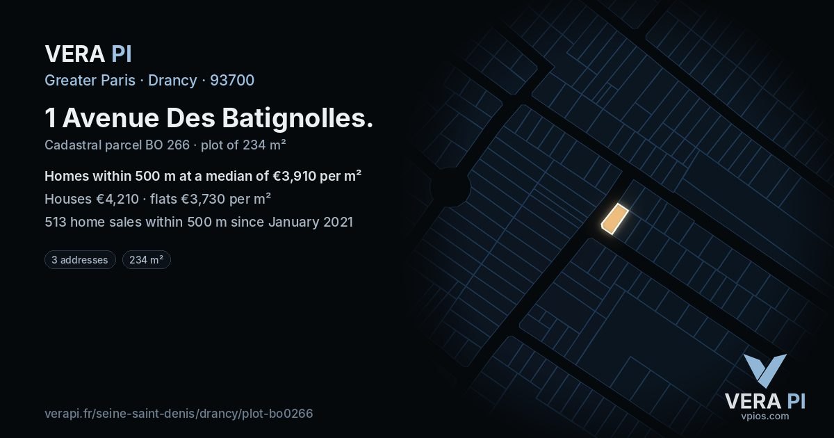 1 Avenue Des Batignolles, Drancy at night – the plot lit, the parcels around coloured by the prices near them