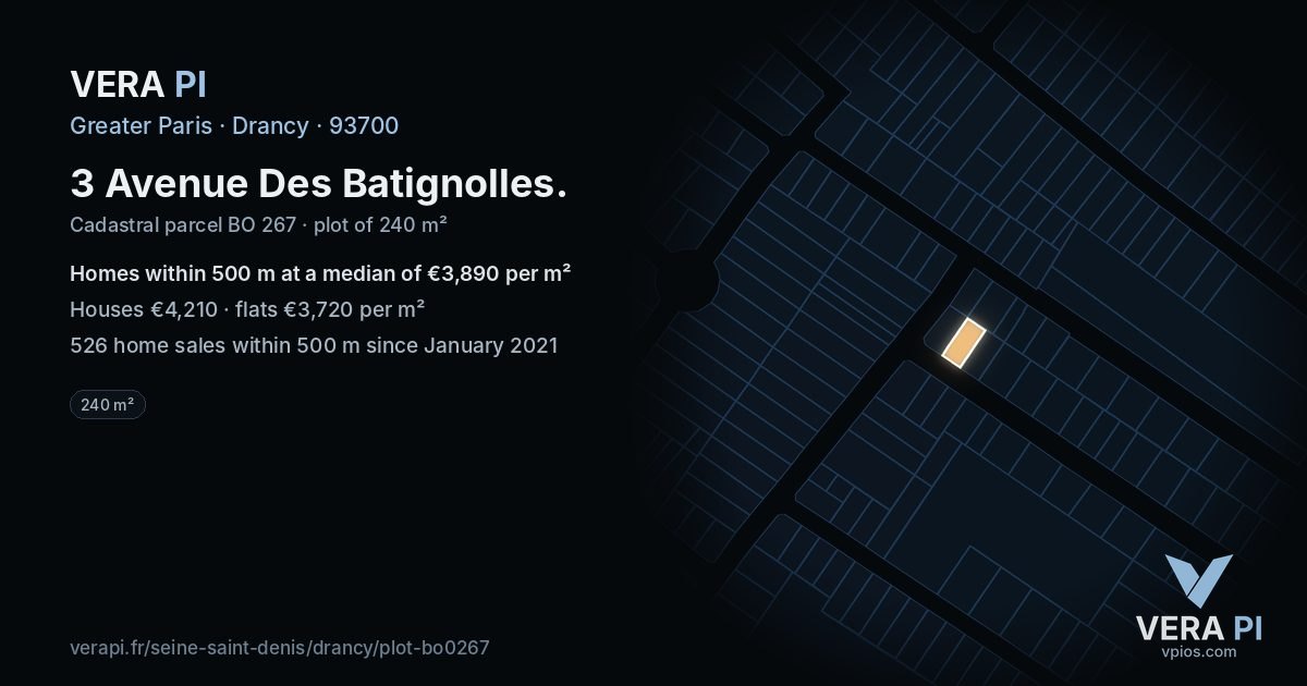 3 Avenue Des Batignolles, Drancy at night – the plot lit, the parcels around coloured by the prices near them