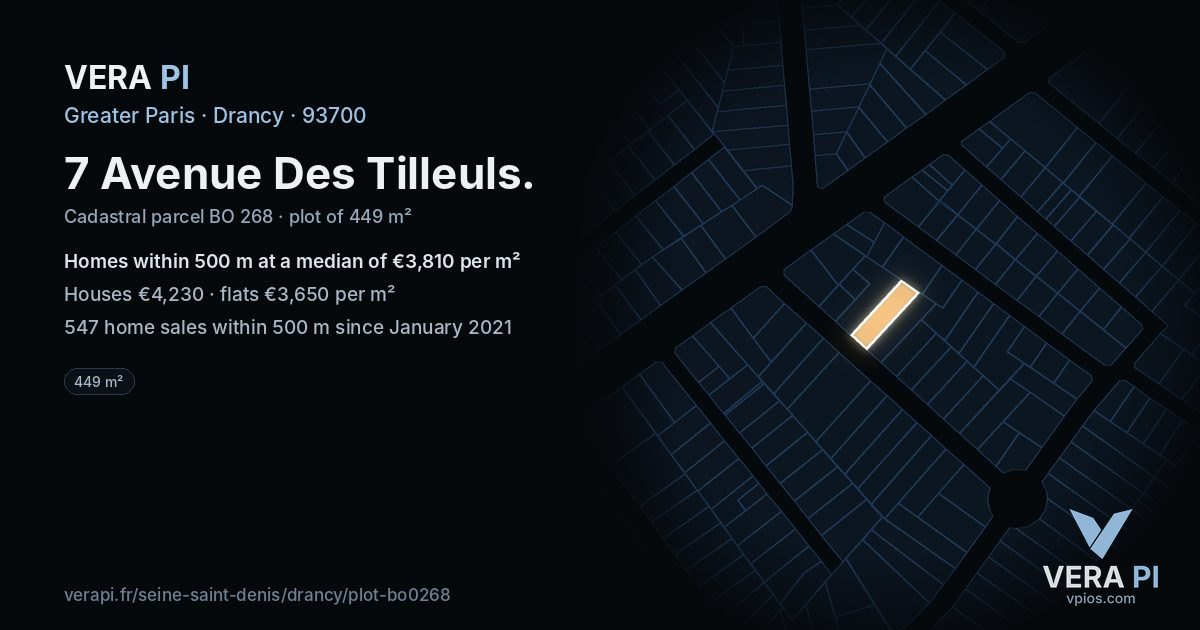7 Avenue Des Tilleuls, Drancy at night – the plot lit, the parcels around coloured by the prices near them