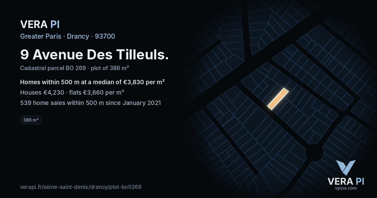 9 Avenue Des Tilleuls, Drancy at night – the plot lit, the parcels around coloured by the prices near them