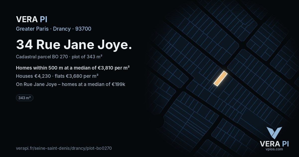 34 Rue Jane Joye, Drancy at night – the plot lit, the parcels around coloured by the prices near them