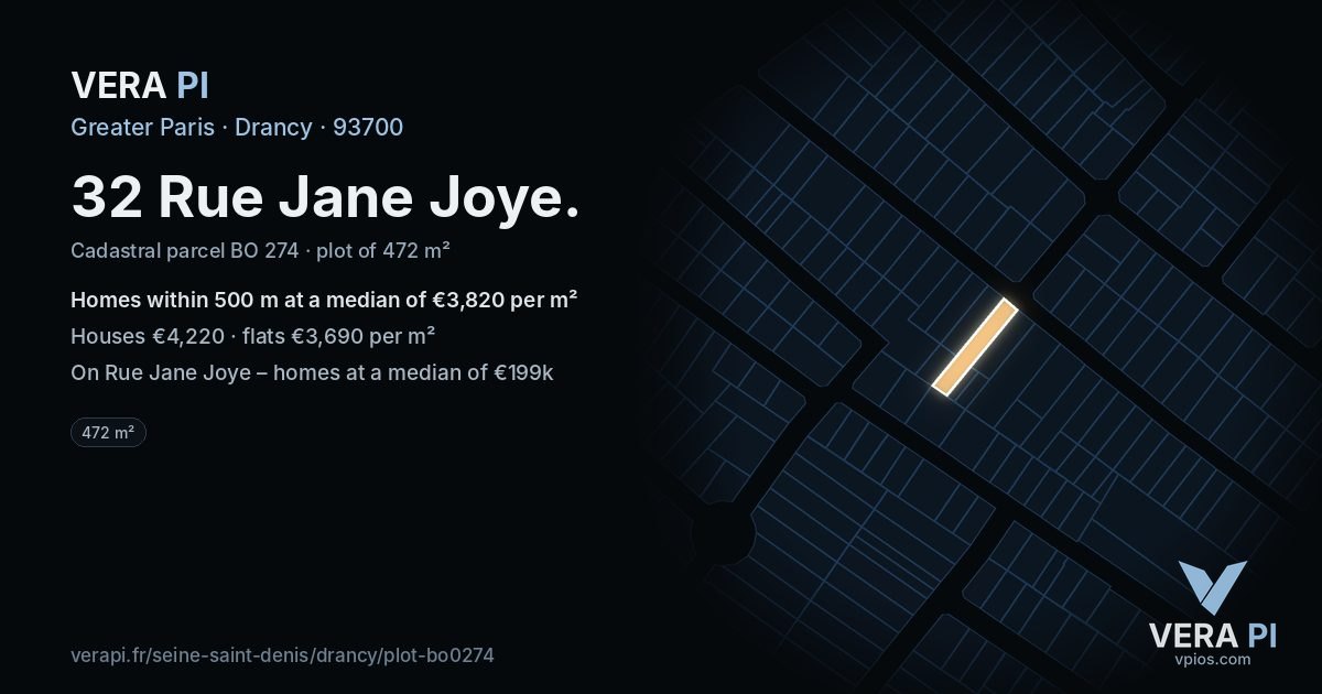 32 Rue Jane Joye, Drancy at night – the plot lit, the parcels around coloured by the prices near them
