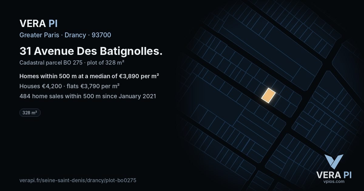 31 Avenue Des Batignolles, Drancy at night – the plot lit, the parcels around coloured by the prices near them