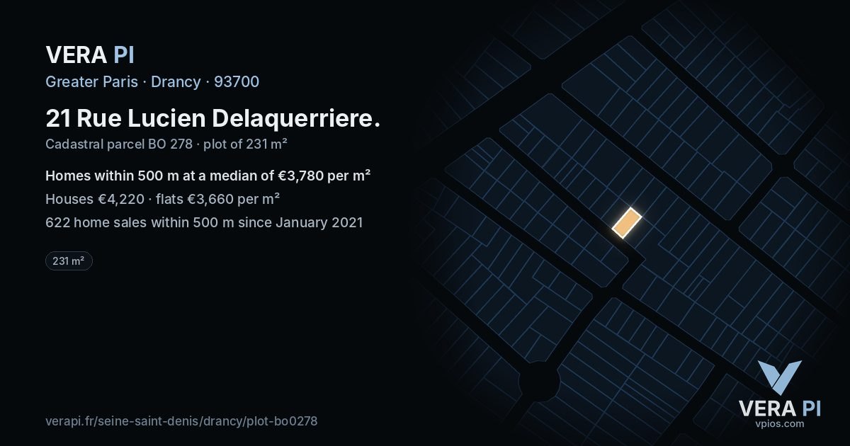 21 Rue Lucien Delaquerriere, Drancy at night – the plot lit, the parcels around coloured by the prices near them