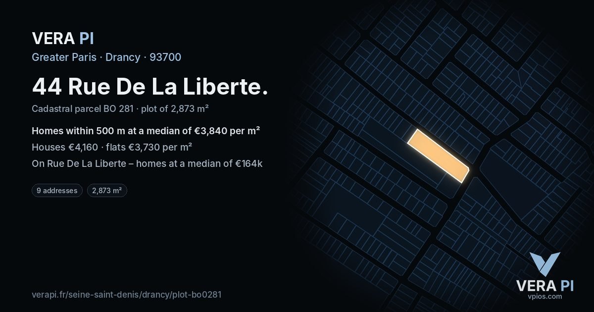 44 Rue De La Liberte, Drancy at night – the plot lit, the parcels around coloured by the prices near them