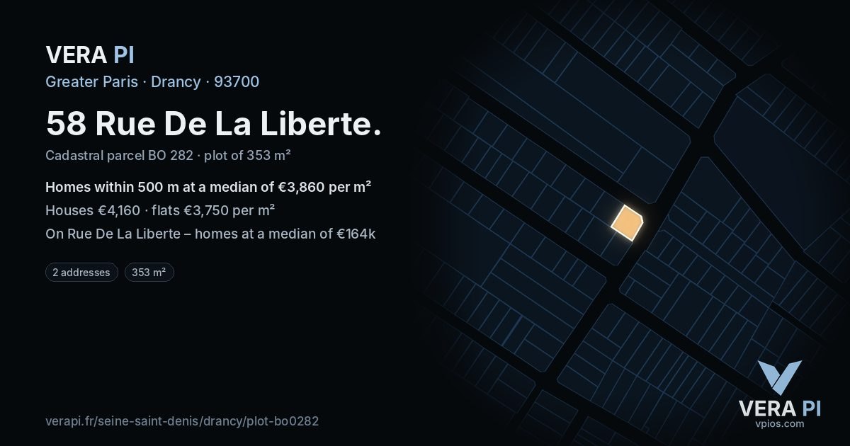 58 Rue De La Liberte, Drancy at night – the plot lit, the parcels around coloured by the prices near them