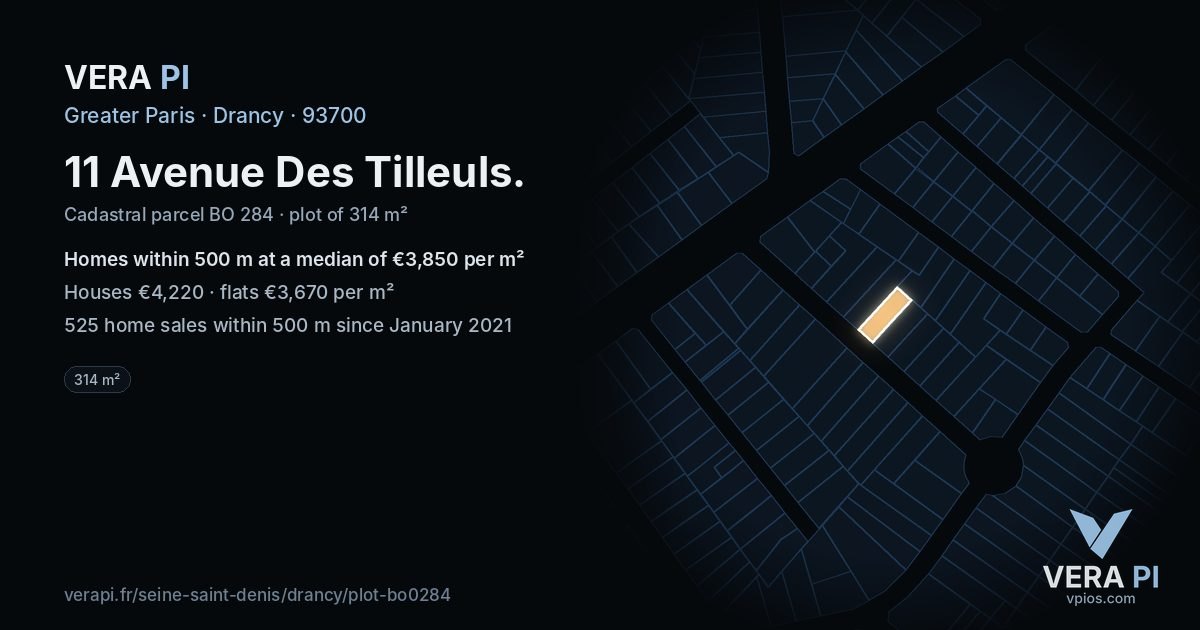 11 Avenue Des Tilleuls, Drancy at night – the plot lit, the parcels around coloured by the prices near them