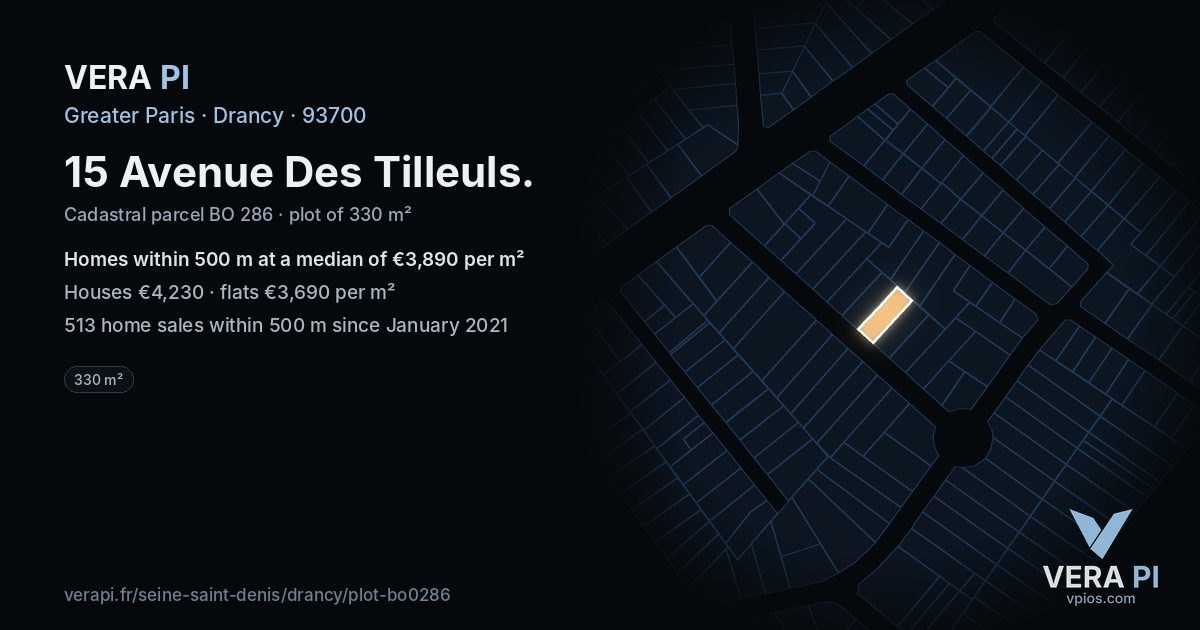 15 Avenue Des Tilleuls, Drancy at night – the plot lit, the parcels around coloured by the prices near them