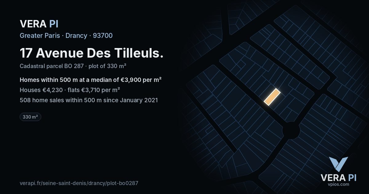 17 Avenue Des Tilleuls, Drancy at night – the plot lit, the parcels around coloured by the prices near them