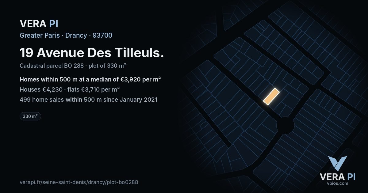 19 Avenue Des Tilleuls, Drancy at night – the plot lit, the parcels around coloured by the prices near them