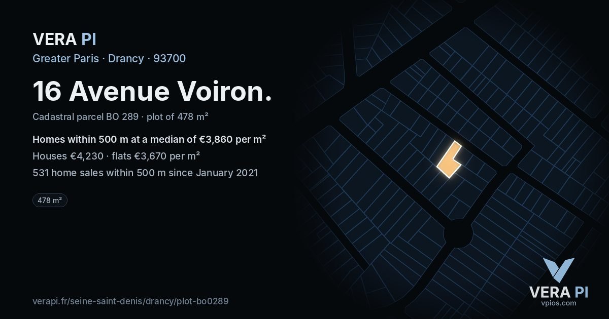 16 Avenue Voiron, Drancy at night – the plot lit, the parcels around coloured by the prices near them