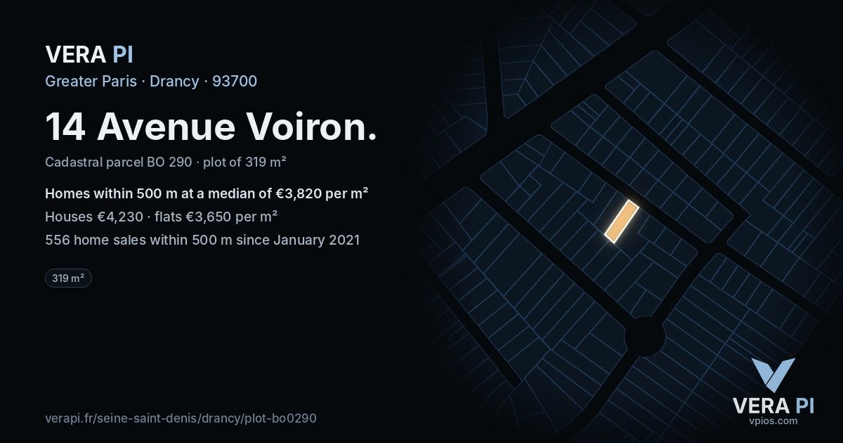 14 Avenue Voiron, Drancy at night – the plot lit, the parcels around coloured by the prices near them