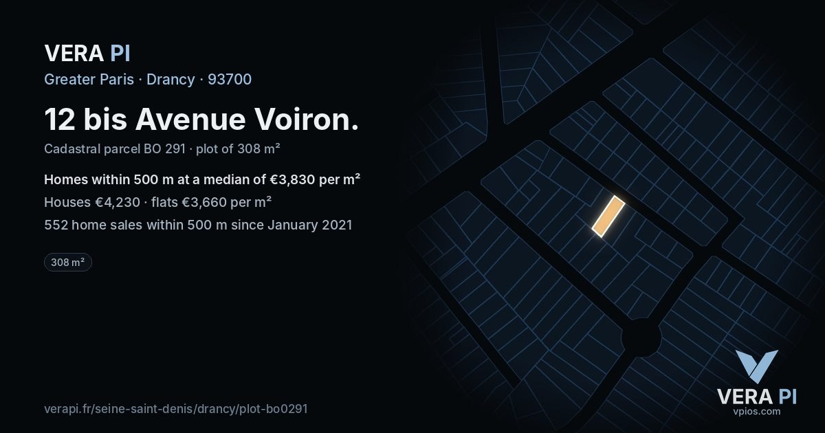 12 bis Avenue Voiron, Drancy at night – the plot lit, the parcels around coloured by the prices near them