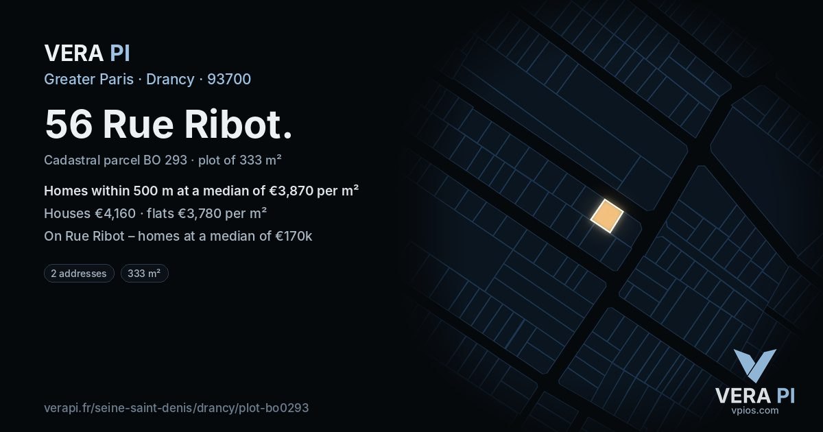 56 Rue Ribot, Drancy at night – the plot lit, the parcels around coloured by the prices near them