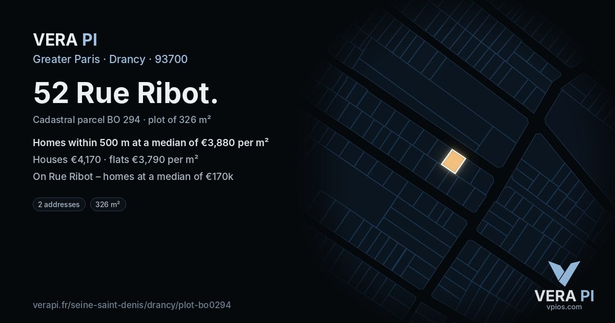 52 Rue Ribot, Drancy at night – the plot lit, the parcels around coloured by the prices near them