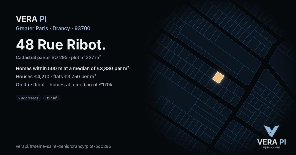 48 Rue Ribot, Drancy at night – the plot lit, the parcels around coloured by the prices near them