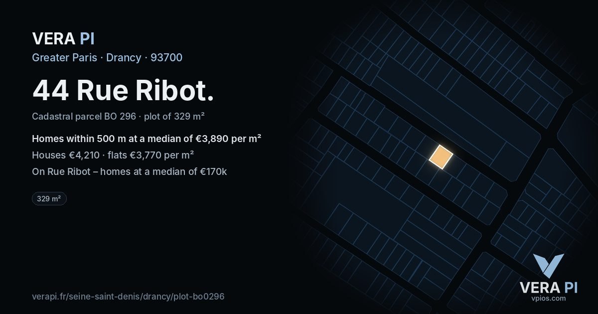 44 Rue Ribot, Drancy at night – the plot lit, the parcels around coloured by the prices near them