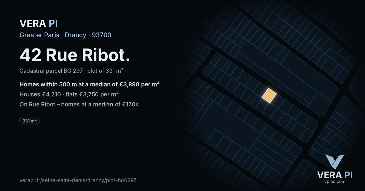 42 Rue Ribot, Drancy at night – the plot lit, the parcels around coloured by the prices near them