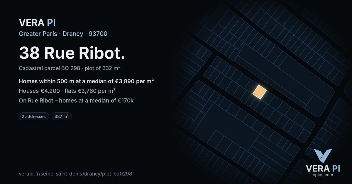 38 Rue Ribot, Drancy at night – the plot lit, the parcels around coloured by the prices near them