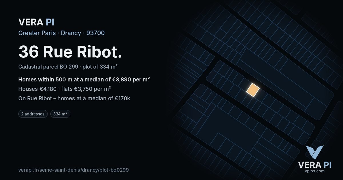 36 Rue Ribot, Drancy at night – the plot lit, the parcels around coloured by the prices near them