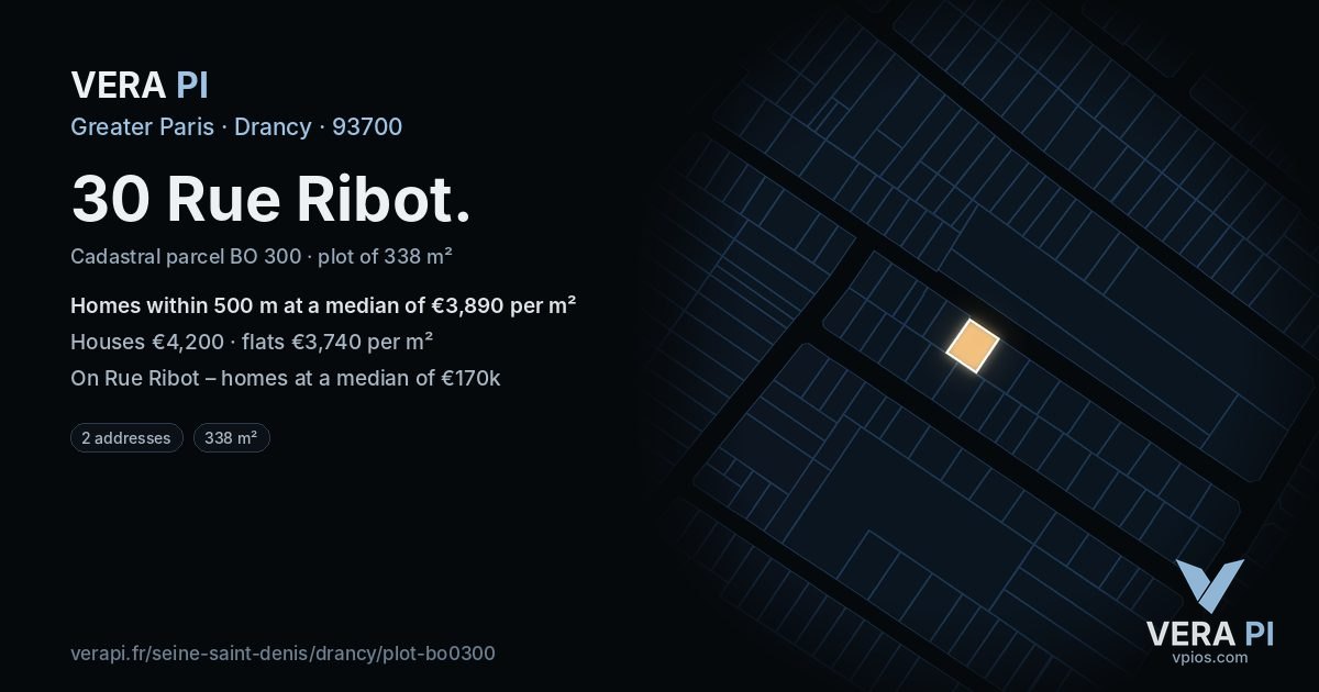 30 Rue Ribot, Drancy at night – the plot lit, the parcels around coloured by the prices near them