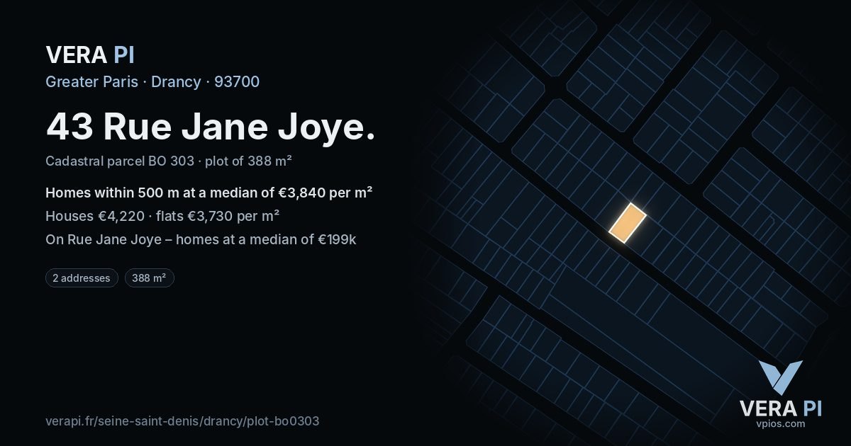 43 Rue Jane Joye, Drancy at night – the plot lit, the parcels around coloured by the prices near them
