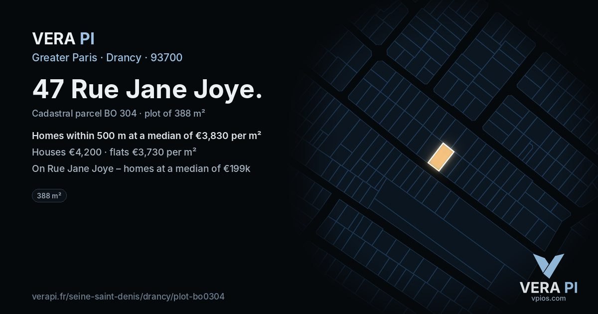47 Rue Jane Joye, Drancy at night – the plot lit, the parcels around coloured by the prices near them