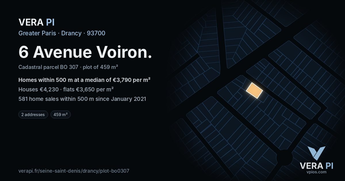 6 Avenue Voiron, Drancy at night – the plot lit, the parcels around coloured by the prices near them