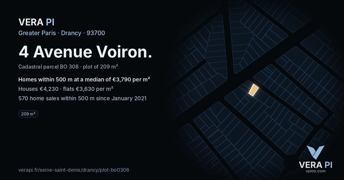 4 Avenue Voiron, Drancy at night – the plot lit, the parcels around coloured by the prices near them