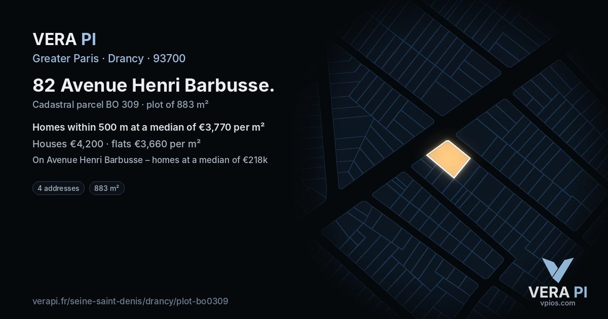 82 Avenue Henri Barbusse, Drancy at night – the plot lit, the parcels around coloured by the prices near them