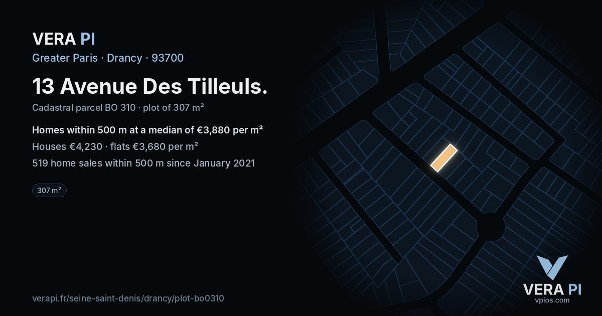 13 Avenue Des Tilleuls, Drancy at night – the plot lit, the parcels around coloured by the prices near them