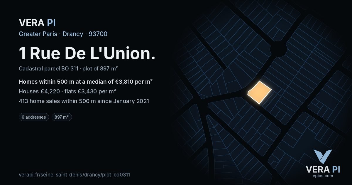 1 Rue De L'Union, Drancy at night – the plot lit, the parcels around coloured by the prices near them