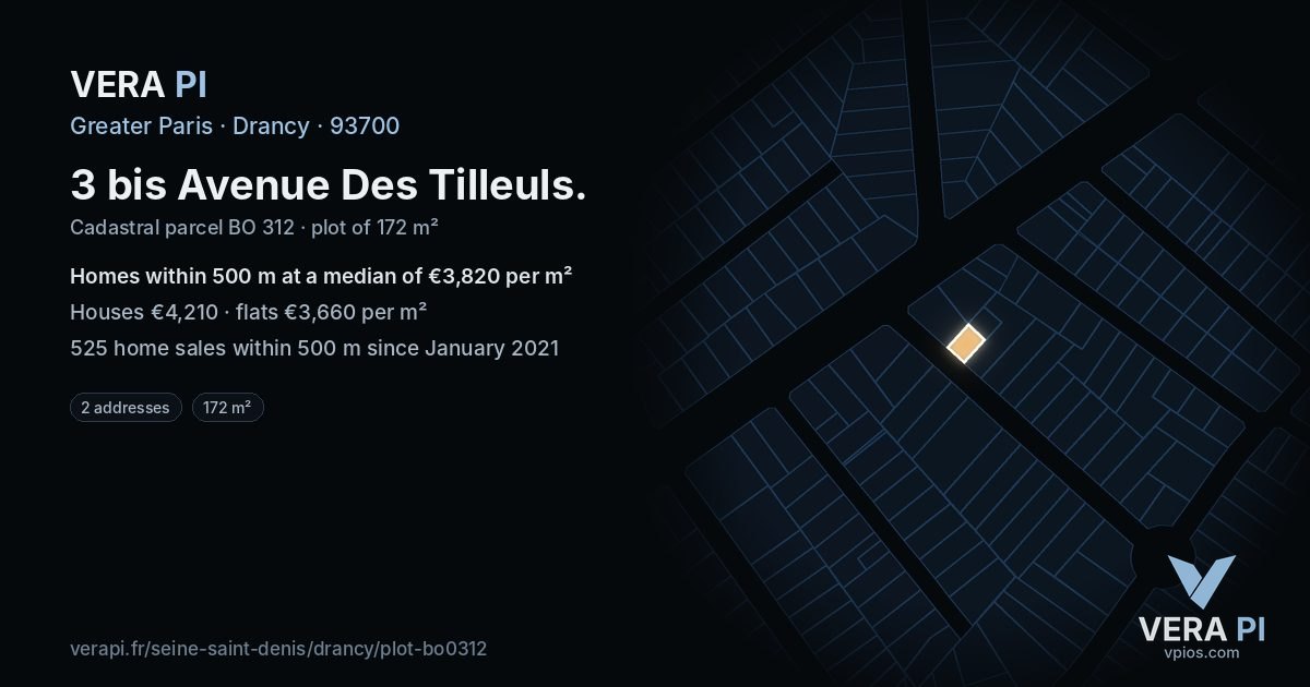 3 bis Avenue Des Tilleuls, Drancy at night – the plot lit, the parcels around coloured by the prices near them