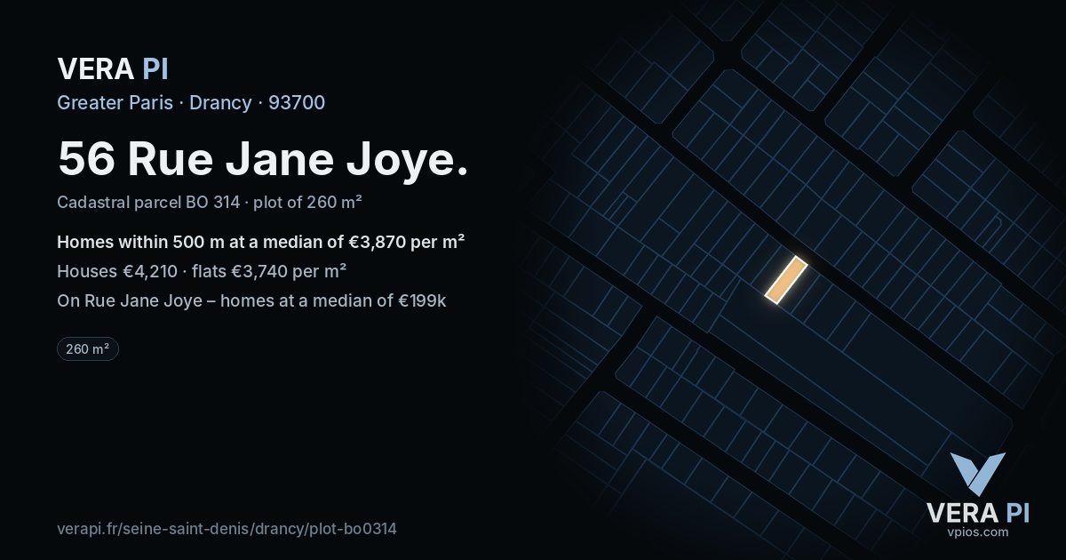 56 Rue Jane Joye, Drancy at night – the plot lit, the parcels around coloured by the prices near them