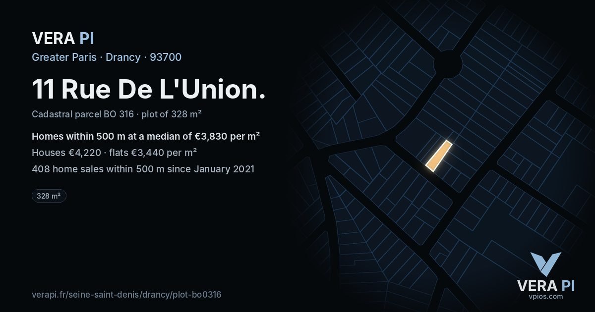 11 Rue De L'Union, Drancy at night – the plot lit, the parcels around coloured by the prices near them