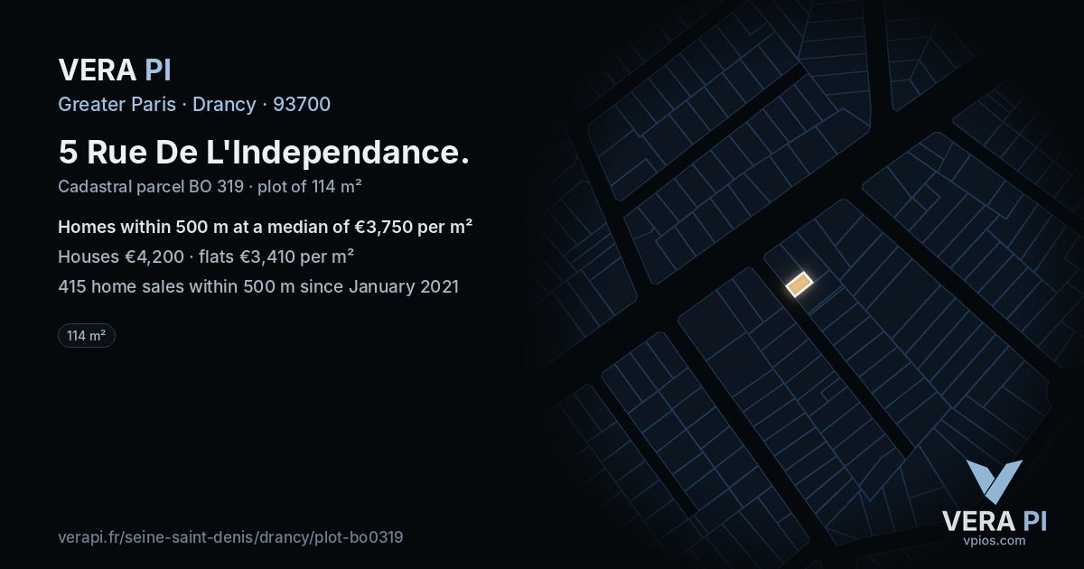 5 Rue De L'Independance, Drancy at night – the plot lit, the parcels around coloured by the prices near them