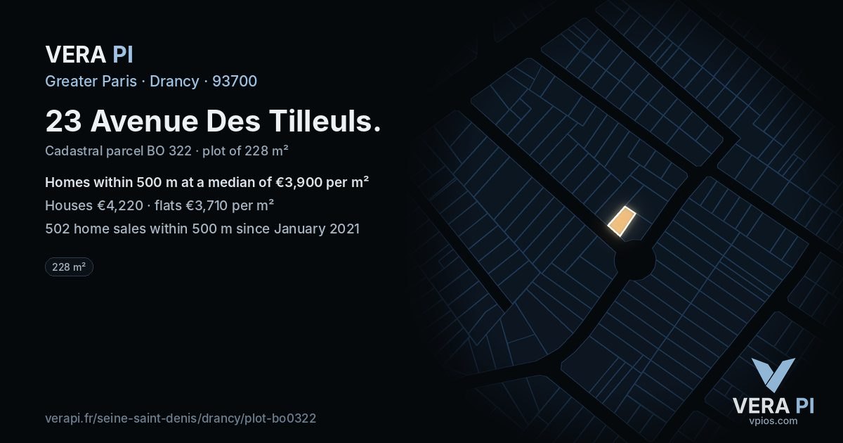 23 Avenue Des Tilleuls, Drancy at night – the plot lit, the parcels around coloured by the prices near them