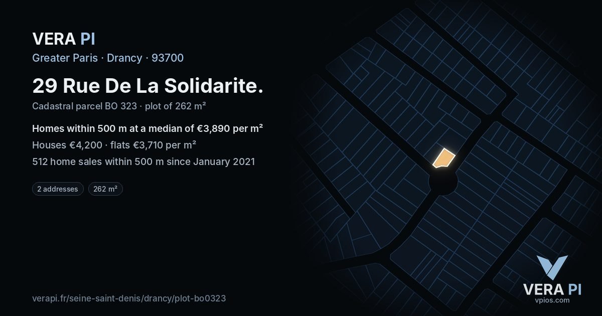 29 Rue De La Solidarite, Drancy at night – the plot lit, the parcels around coloured by the prices near them