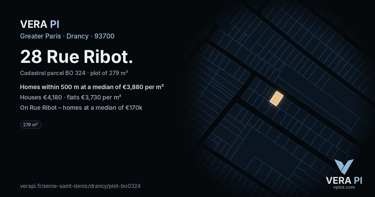 28 Rue Ribot, Drancy at night – the plot lit, the parcels around coloured by the prices near them