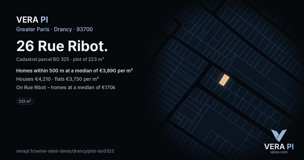 26 Rue Ribot, Drancy at night – the plot lit, the parcels around coloured by the prices near them