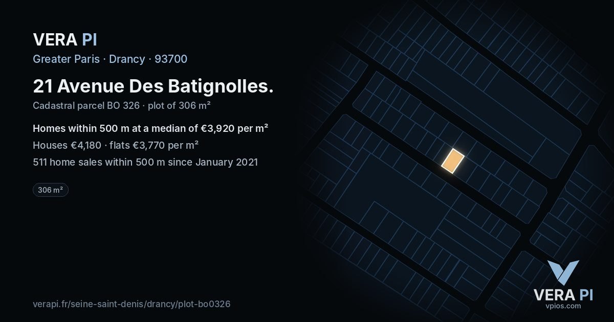 21 Avenue Des Batignolles, Drancy at night – the plot lit, the parcels around coloured by the prices near them