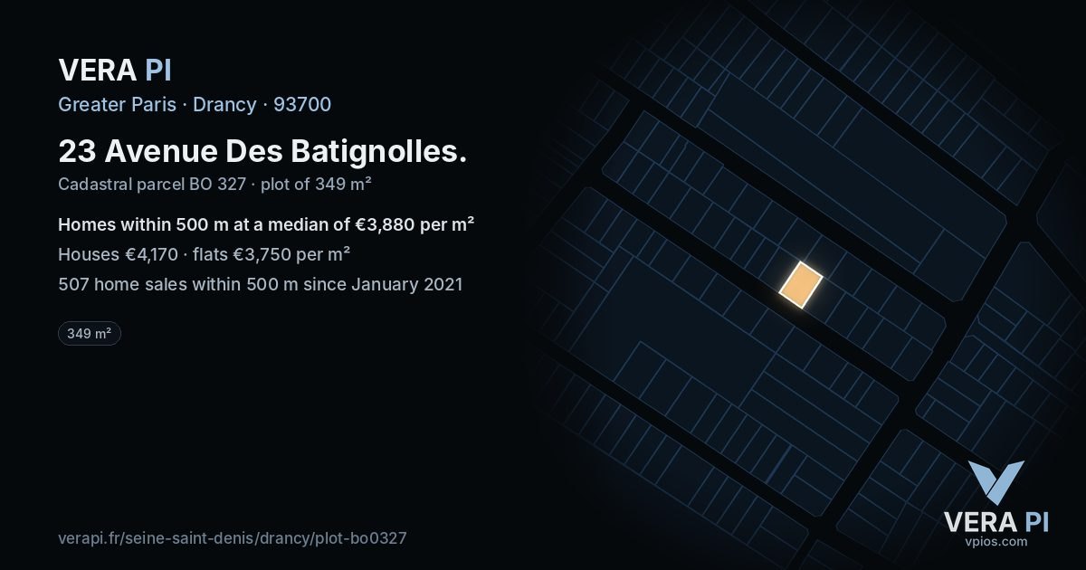 23 Avenue Des Batignolles, Drancy at night – the plot lit, the parcels around coloured by the prices near them