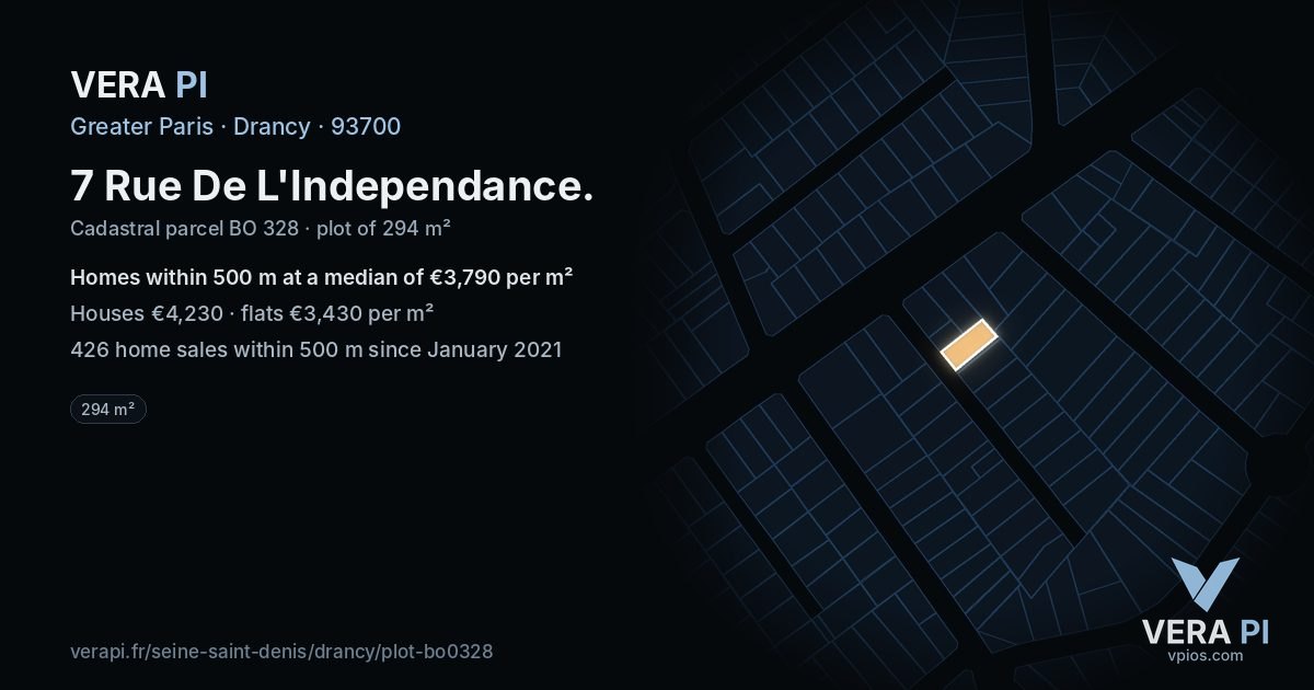 7 Rue De L'Independance, Drancy at night – the plot lit, the parcels around coloured by the prices near them