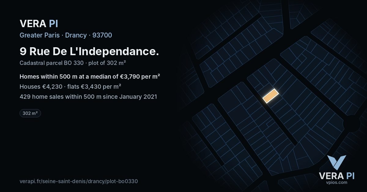 9 Rue De L'Independance, Drancy at night – the plot lit, the parcels around coloured by the prices near them