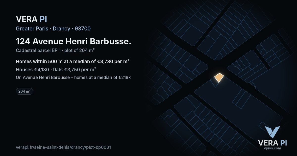 124 Avenue Henri Barbusse, Drancy at night – the plot lit, the parcels around coloured by the prices near them