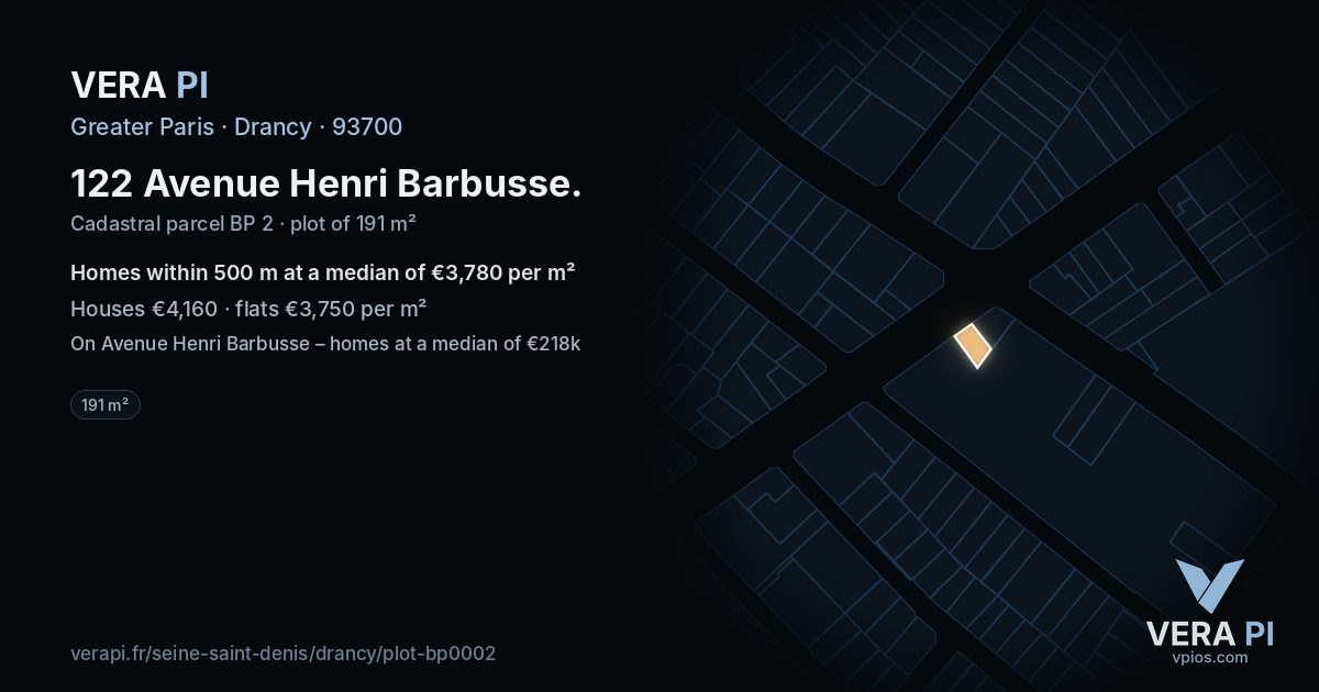 122 Avenue Henri Barbusse, Drancy at night – the plot lit, the parcels around coloured by the prices near them