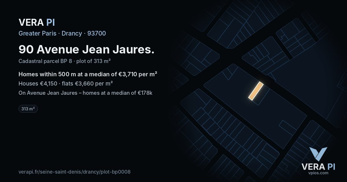 90 Avenue Jean Jaures, Drancy at night – the plot lit, the parcels around coloured by the prices near them